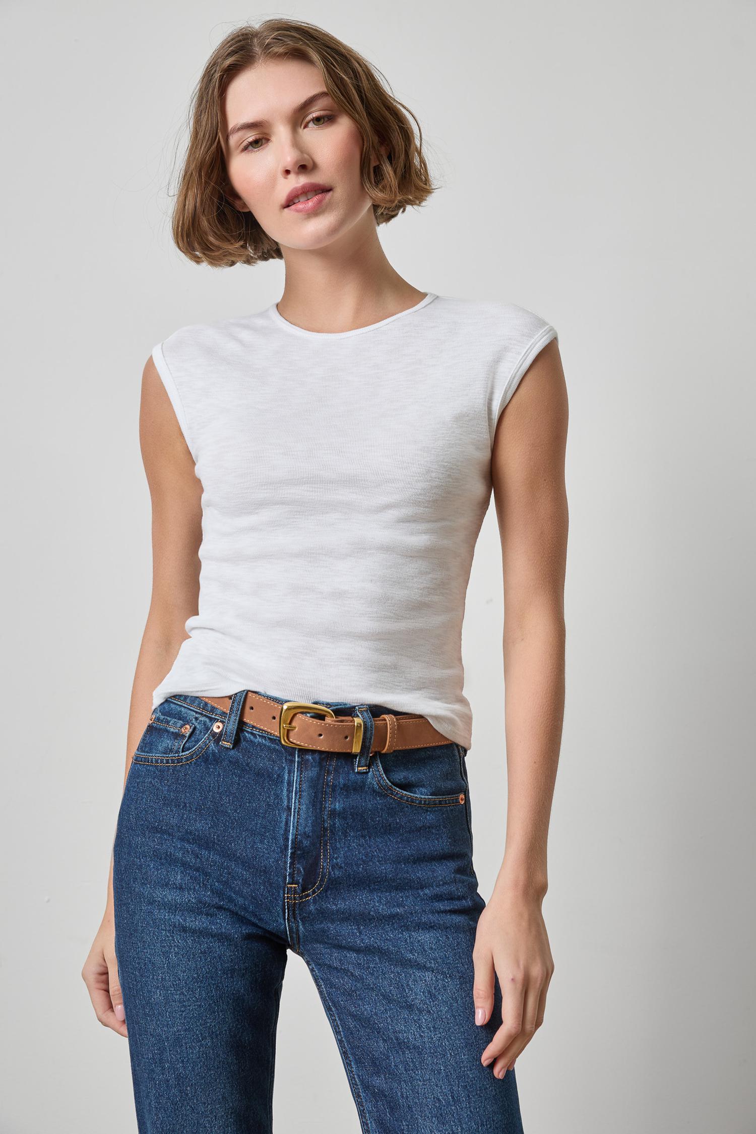 Extended Shoulder Slim Tee Womens Top White A1