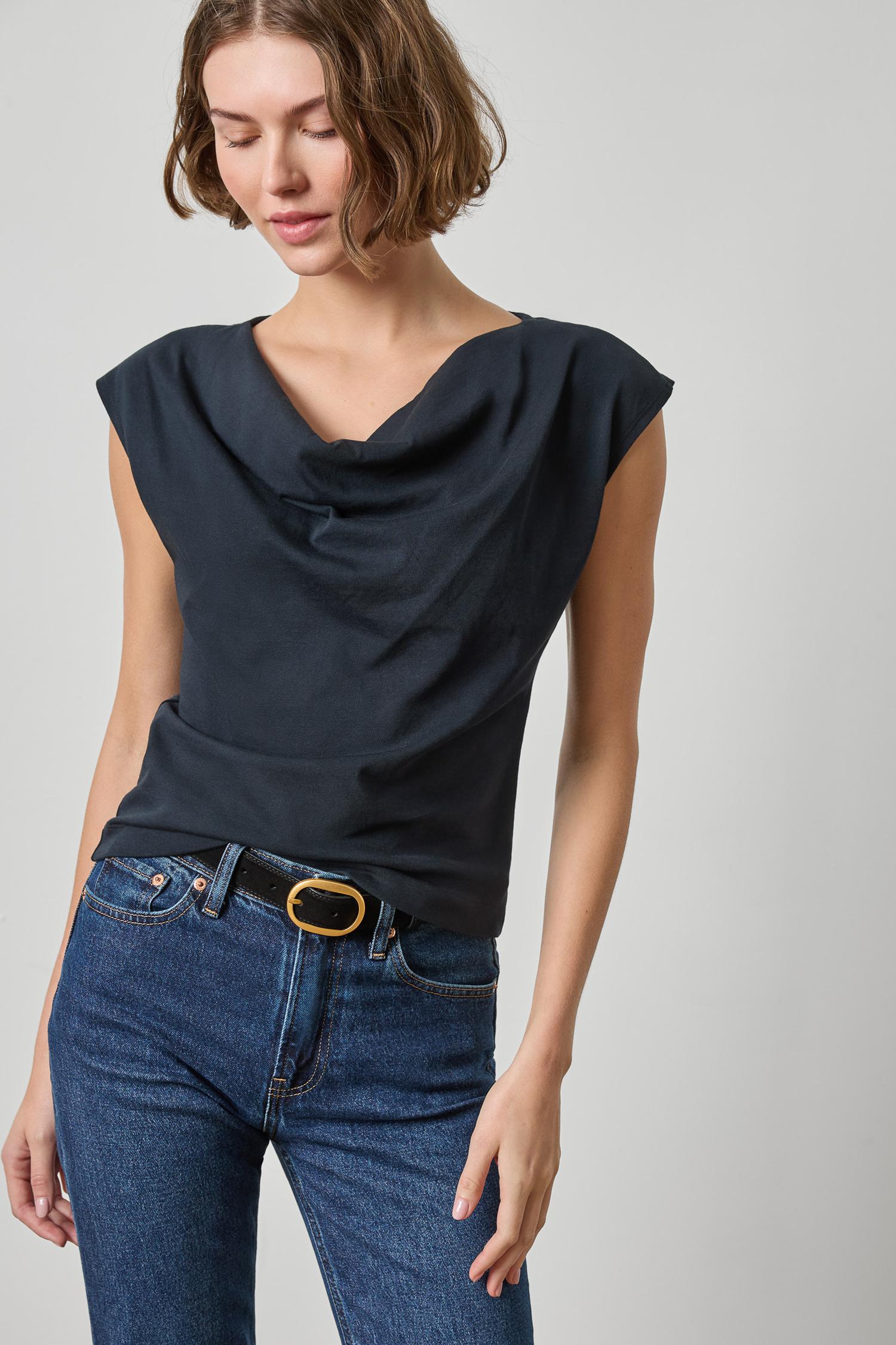 Drape Neck Wedge Top Womens Top Black A1