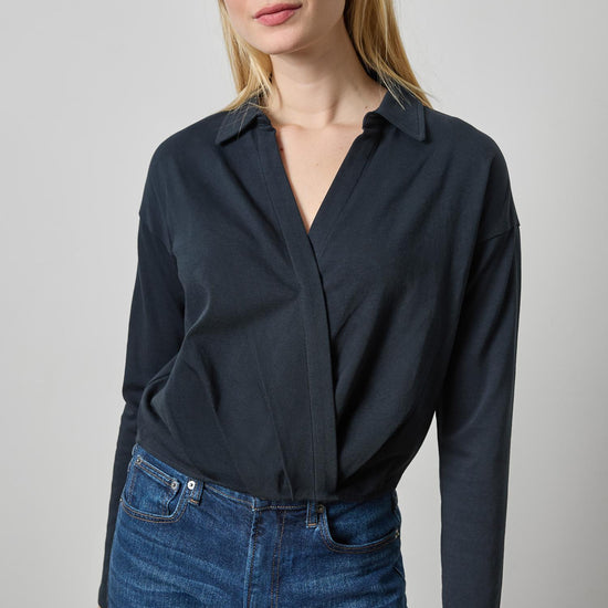 Faux Wrap Collared Top Womens Top Black A1