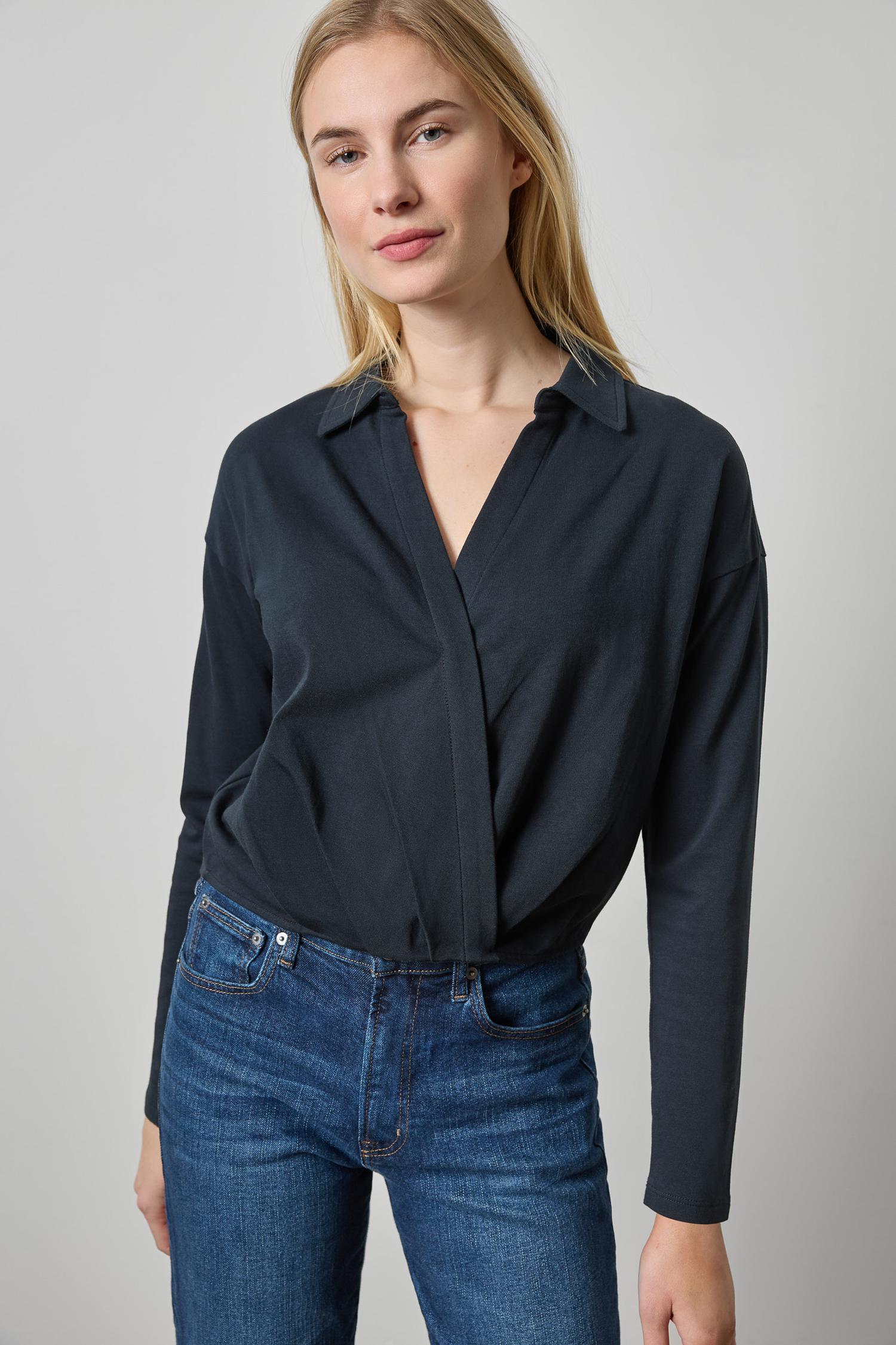 Faux Wrap Collared Top Womens Top Black A1