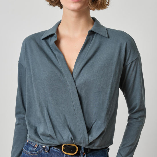 Faux Wrap Collared Top Womens Top Mineral A1