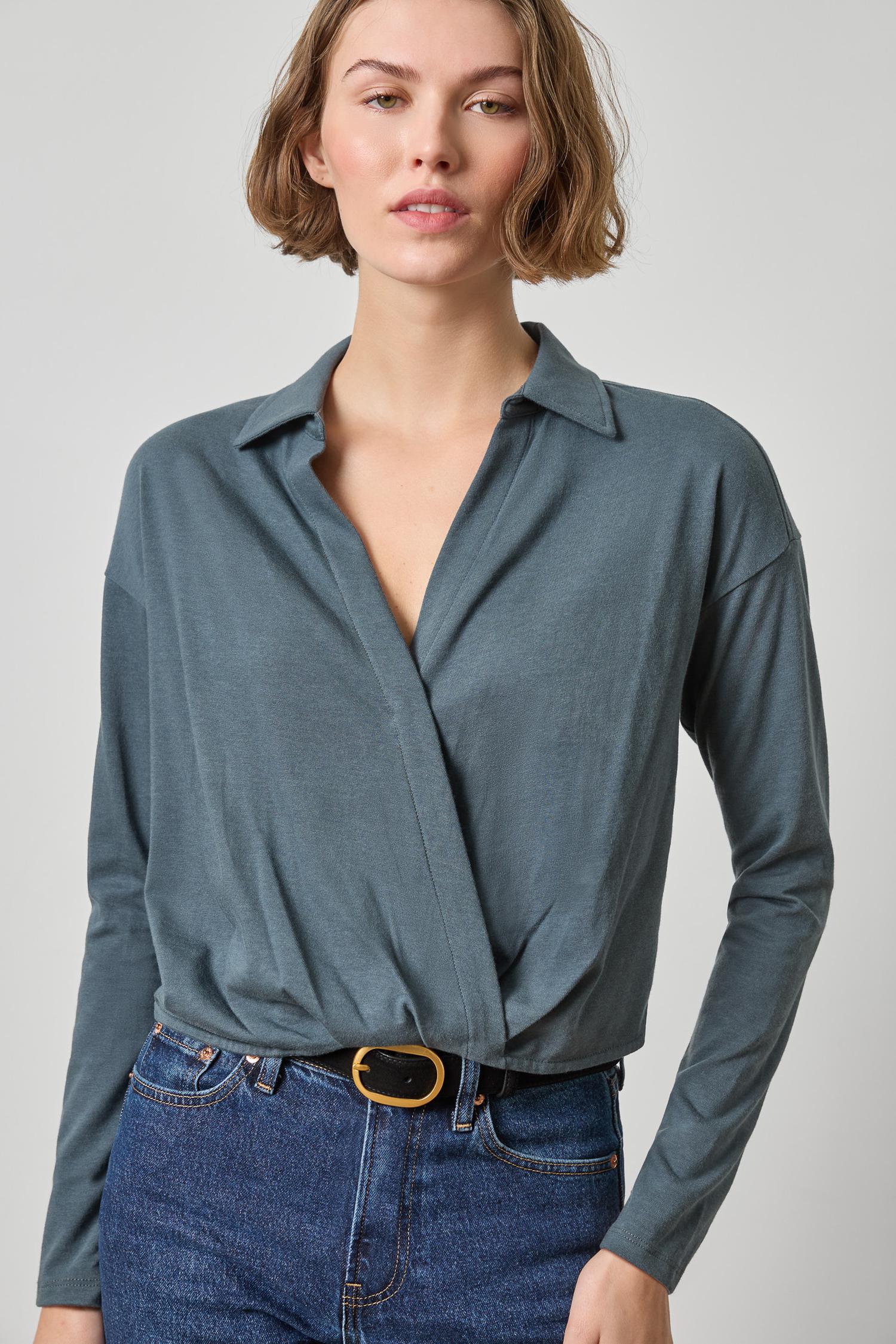 Faux Wrap Collared Top Womens Top Mineral A1