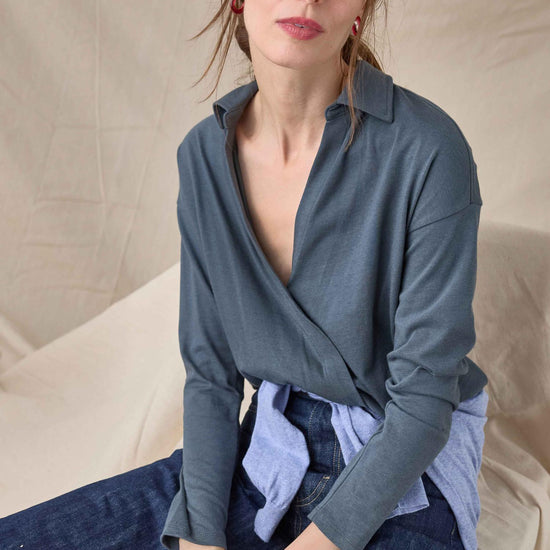 Faux Wrap Collared Top Womens Top Mineral C1