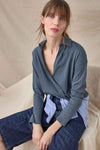 Faux Wrap Collared Top Womens Top Mineral C1