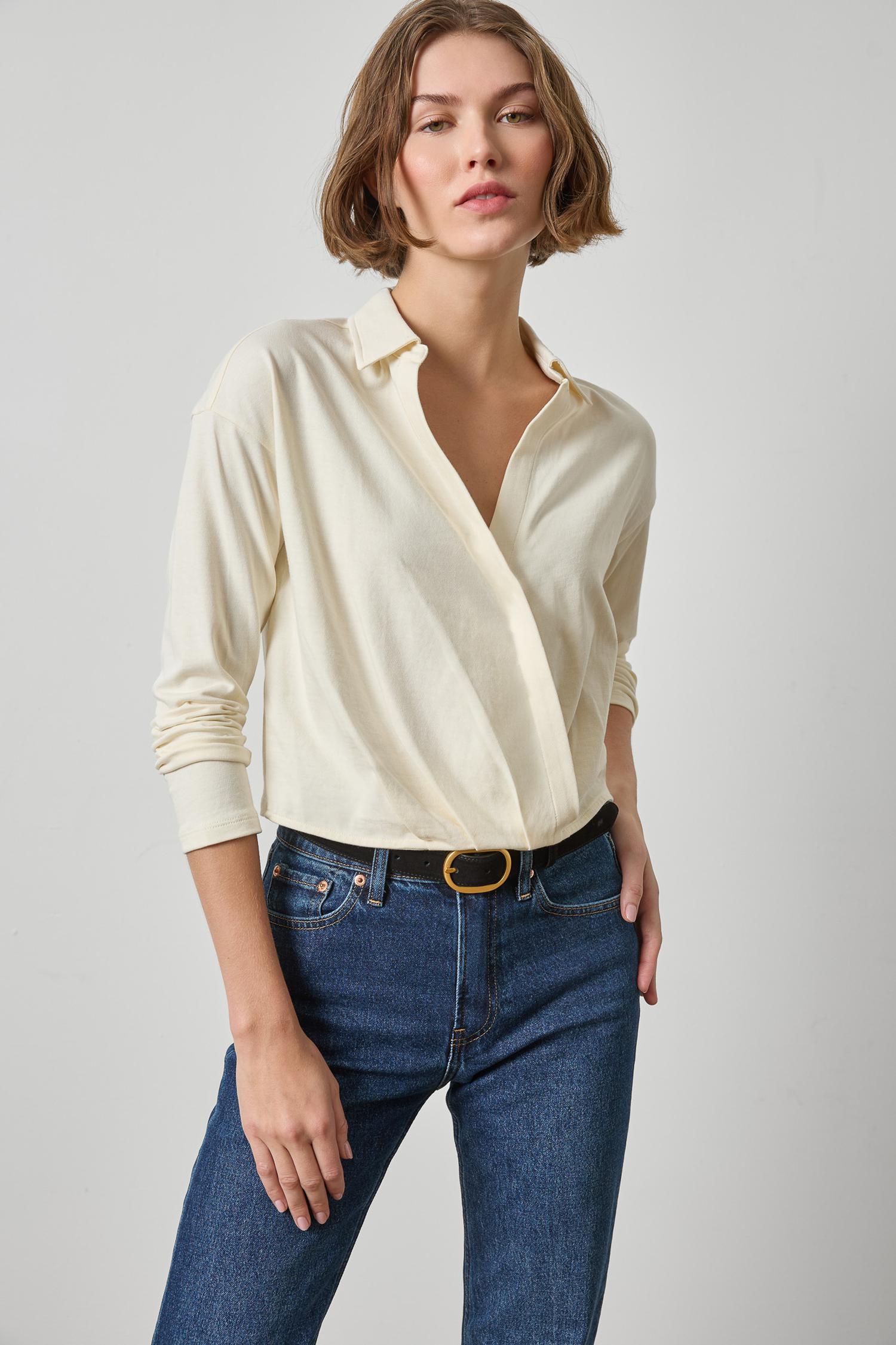 Faux Wrap Collared Top Womens Top Rope A1