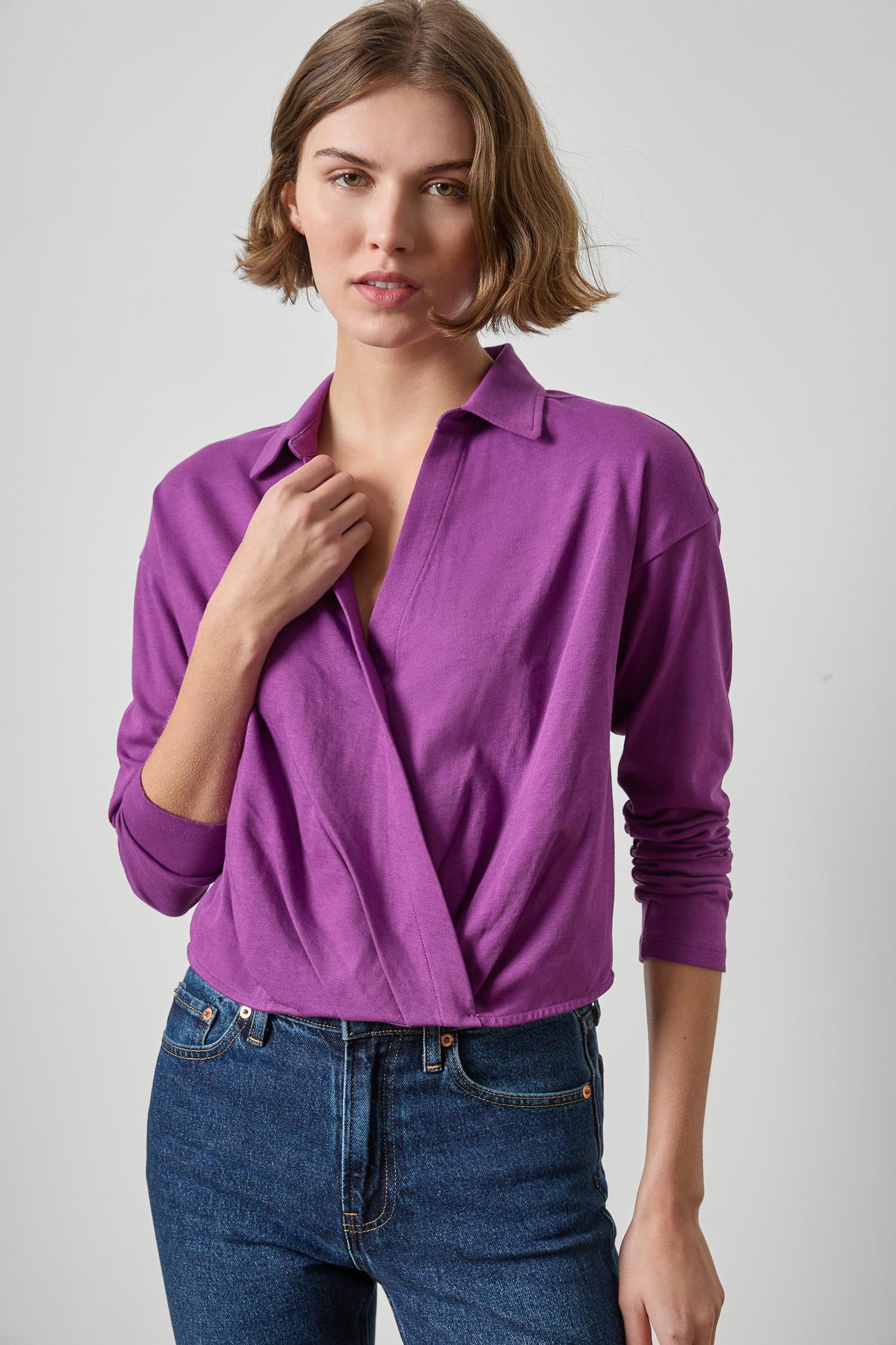 Faux Wrap Collared Top Womens Top Snapdragon A1