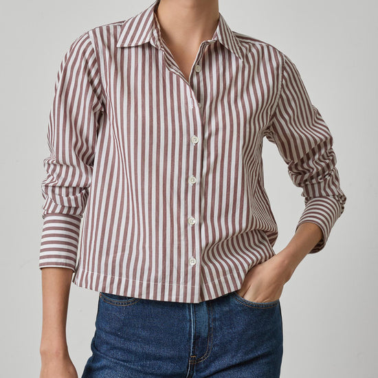Straight Fit Short Button Down Womens Top Chestnut Stripe A1