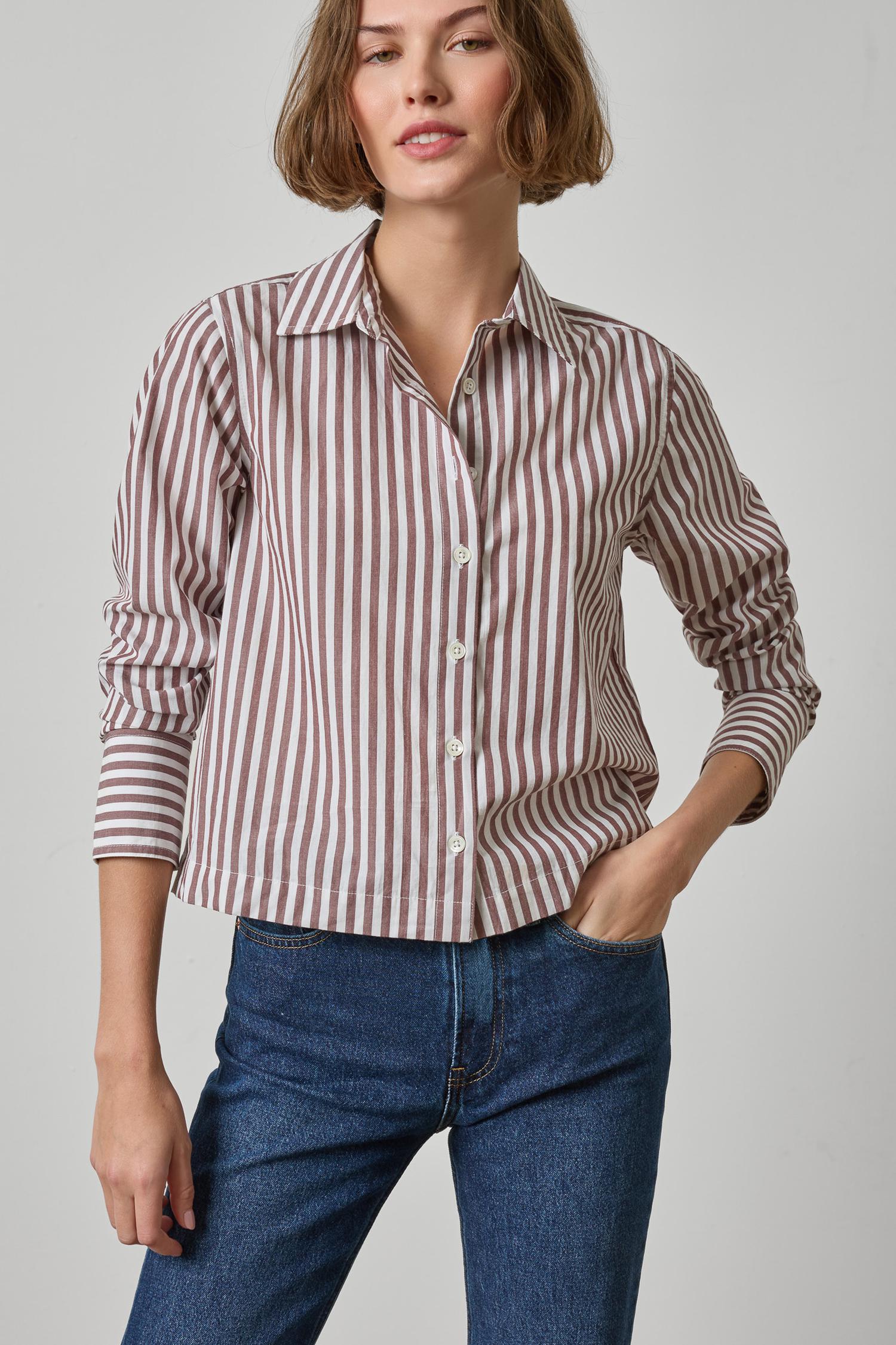 Straight Fit Short Button Down Womens Top Chestnut Stripe A1