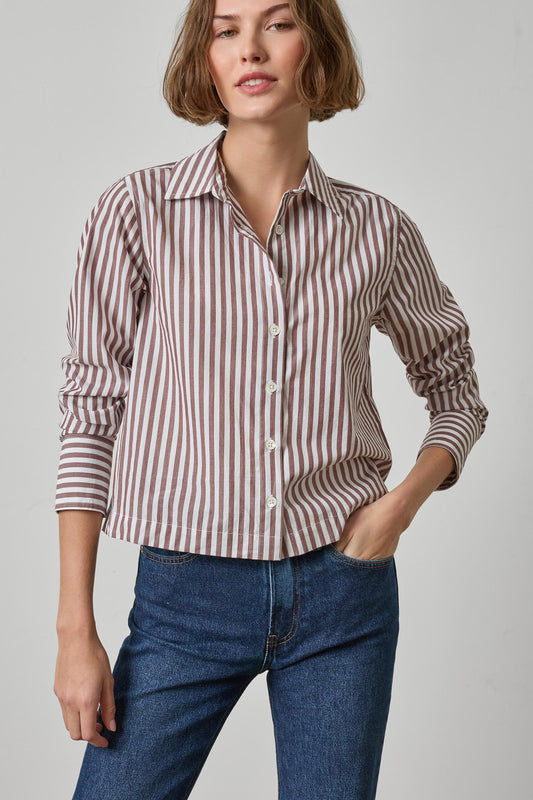 Straight Fit Short Button Down Womens Top Chestnut Stripe A1