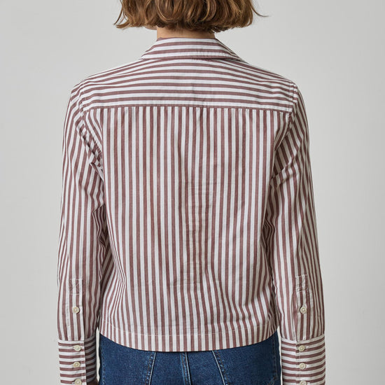Straight Fit Short Button Down Womens Top Chestnut Stripe A2