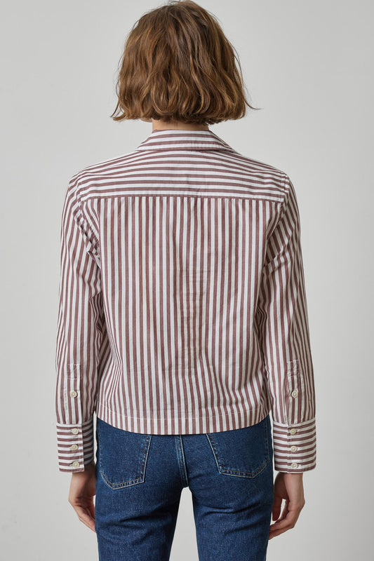 Straight Fit Short Button Down Womens Top Chestnut Stripe A2