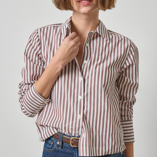 Straight Fit Short Button Down Womens Top Chestnut Stripe A3
