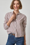 Straight Fit Short Button Down Womens Top Chestnut Stripe A3