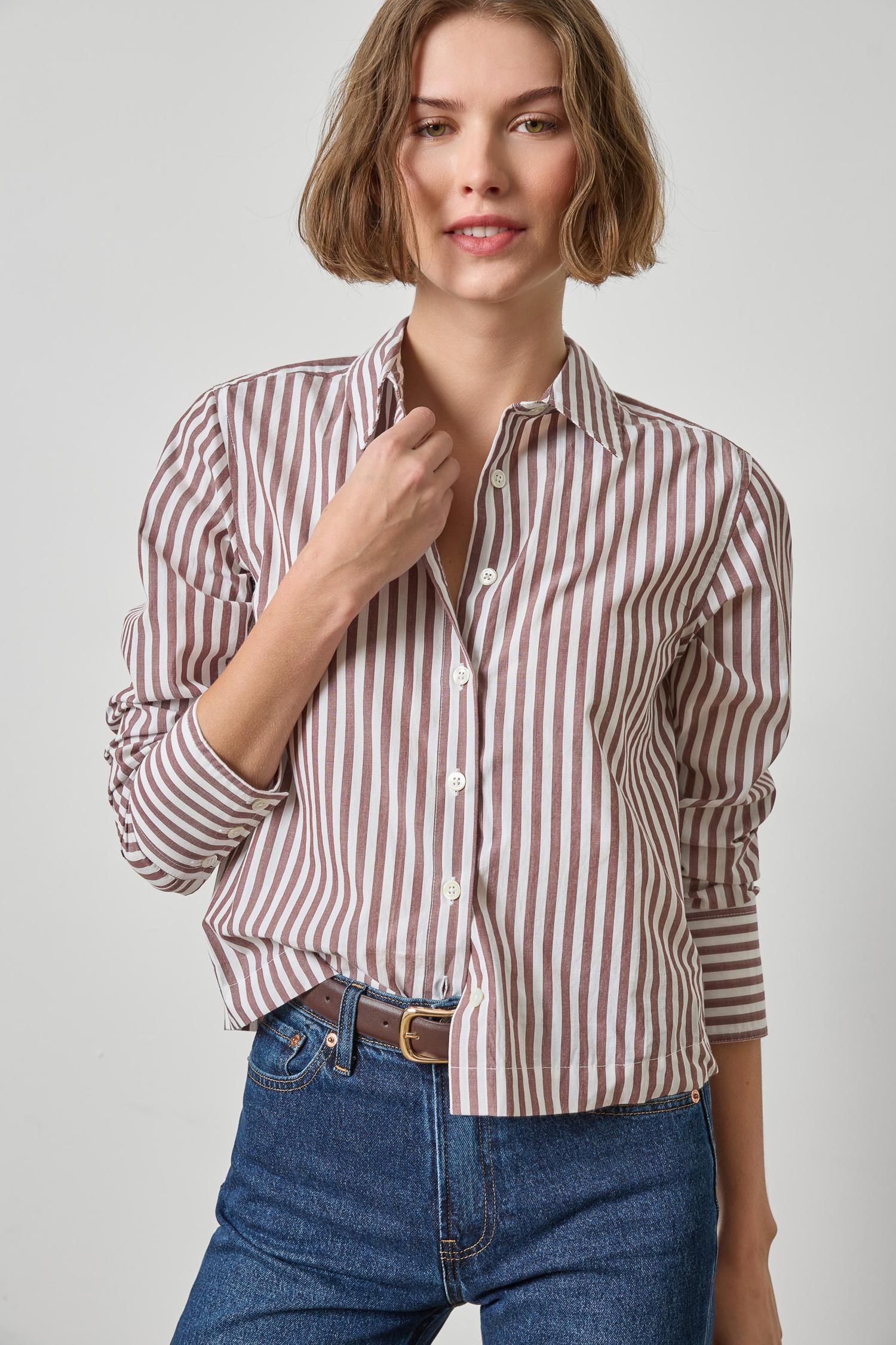 Straight Fit Short Button Down Womens Top Chestnut Stripe A3
