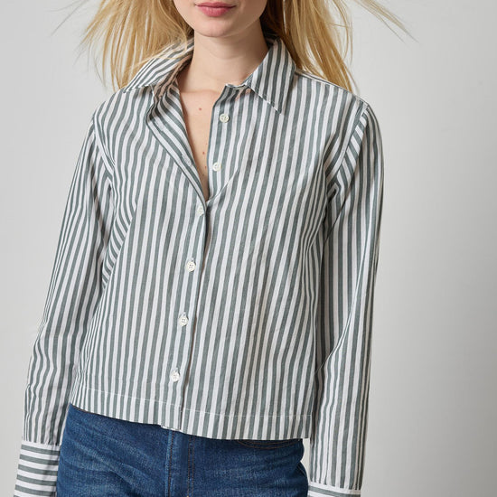 Straight Fit Short Button Down Womens Top Mineral Stripe A1