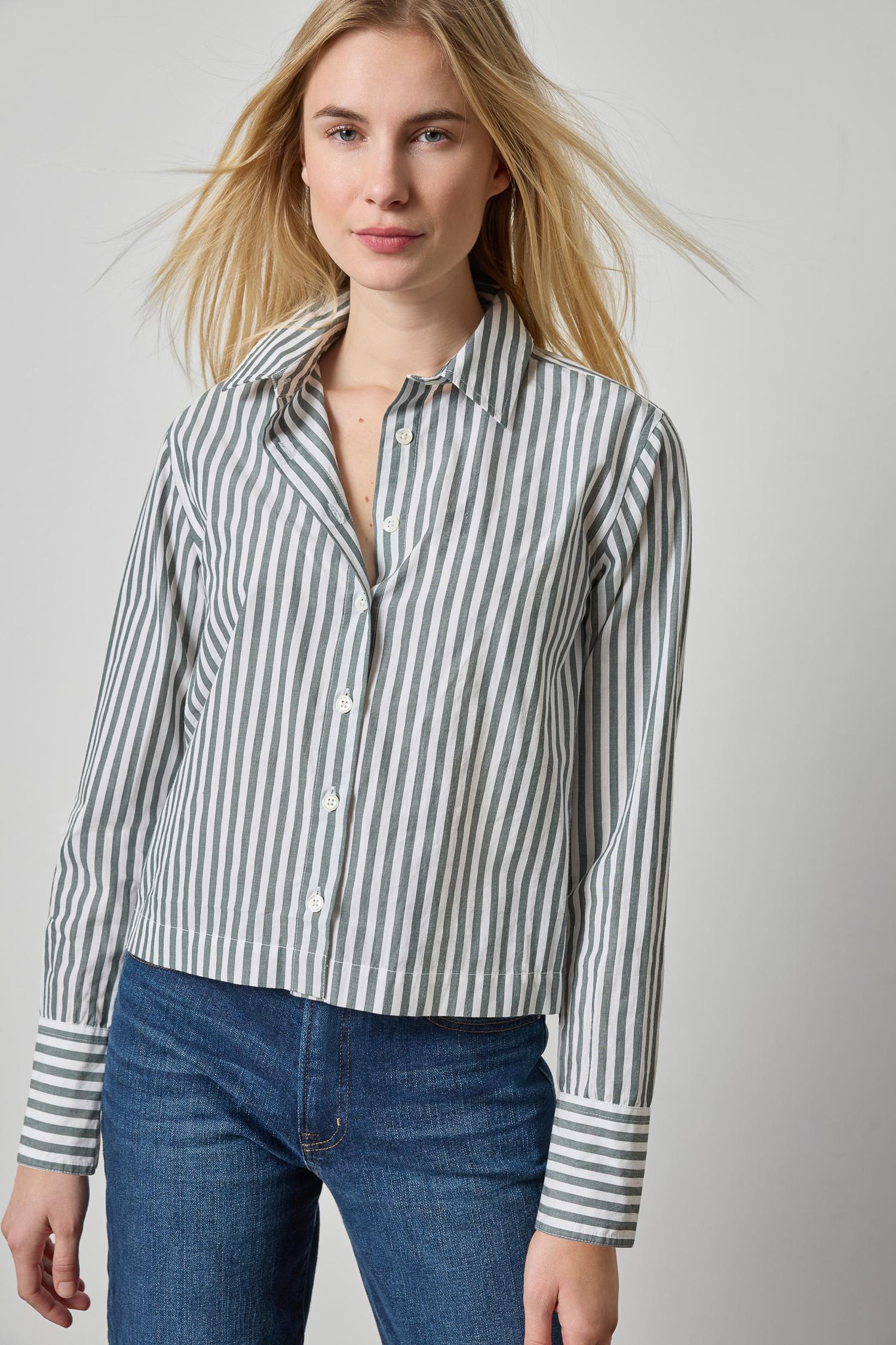 Straight Fit Short Button Down Womens Top Mineral Stripe A1
