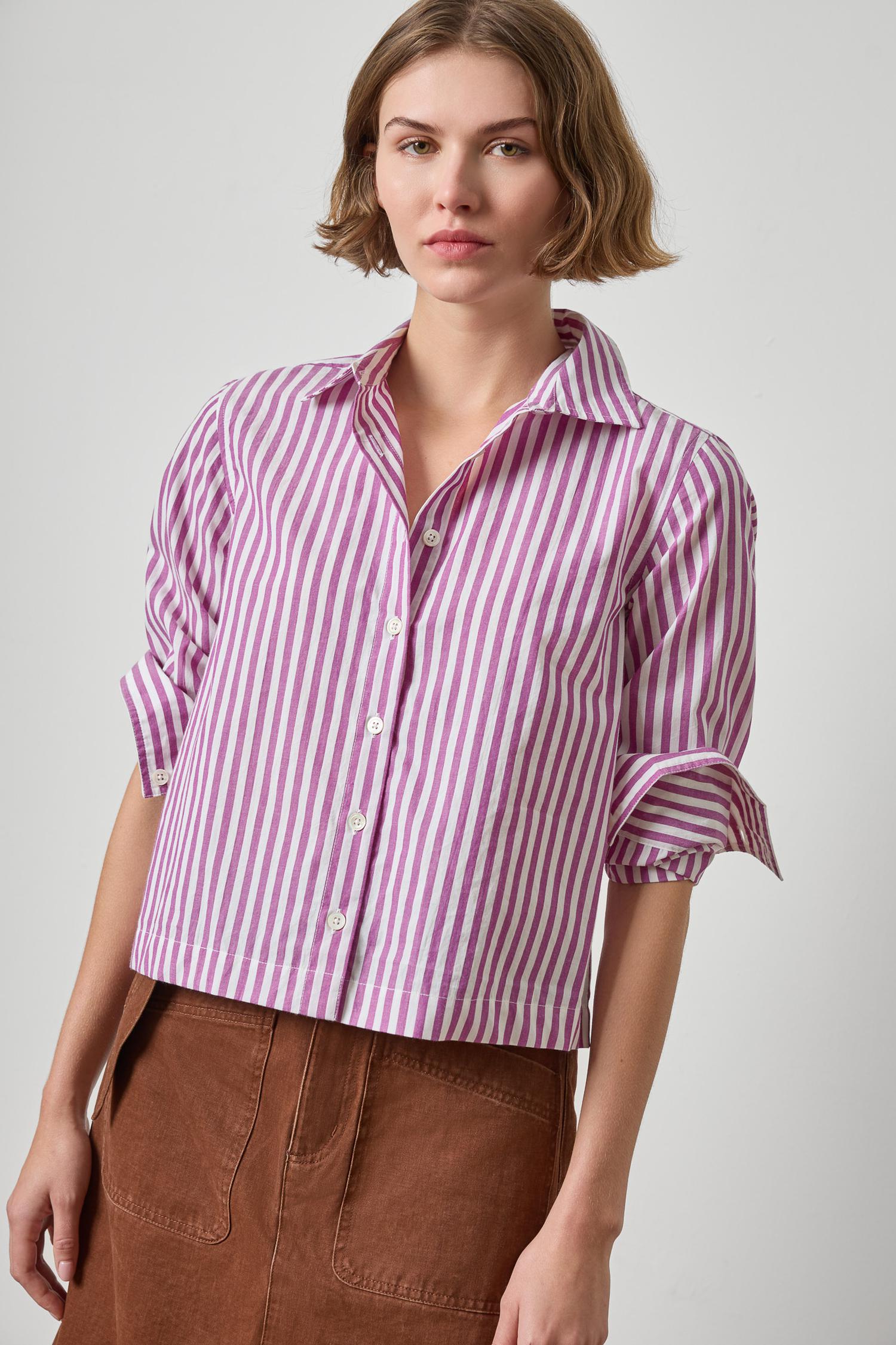 Straight Fit Short Button Down Womens Top Snapdragon Stripe A1