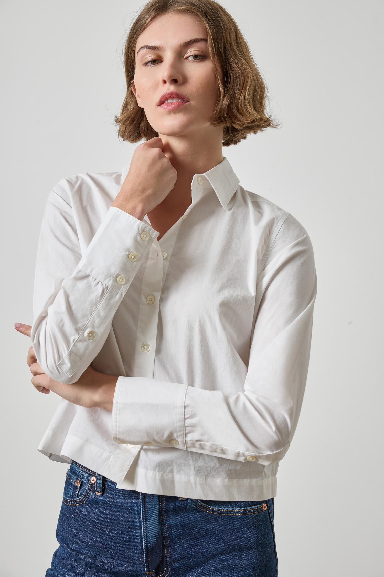 Straight Fit Short Button Down Womens Top White A3