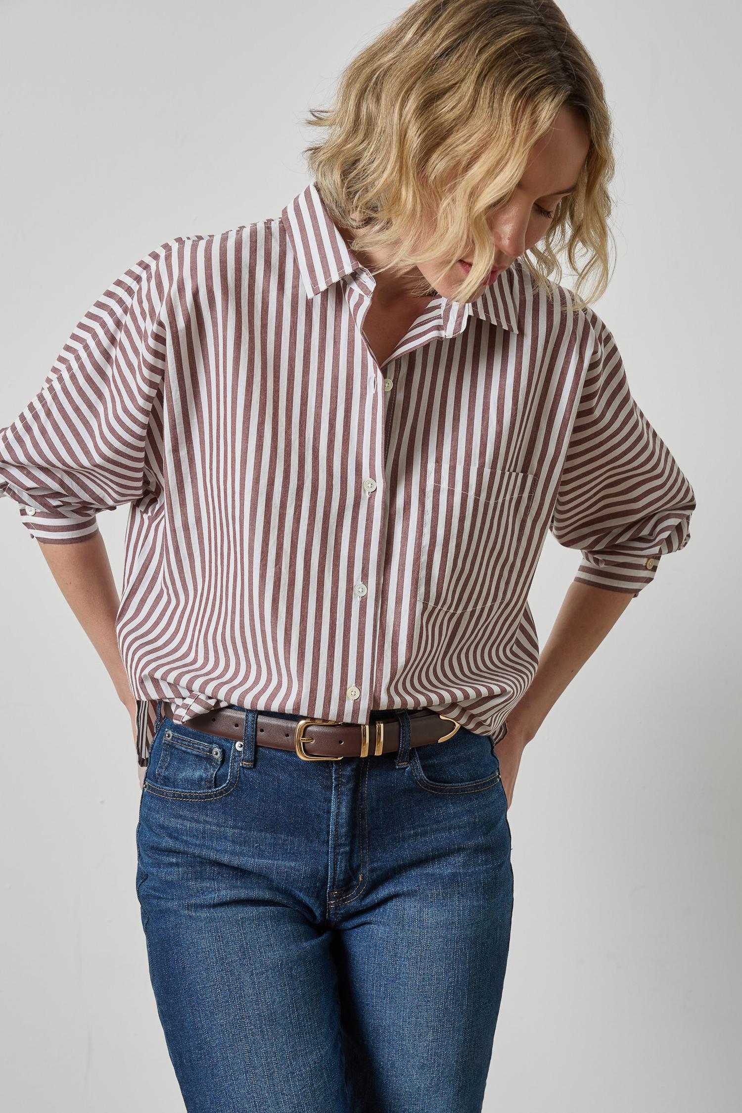 Dolman Sleeve Button Down Shirt Womens Top Chestnut Stripe A1