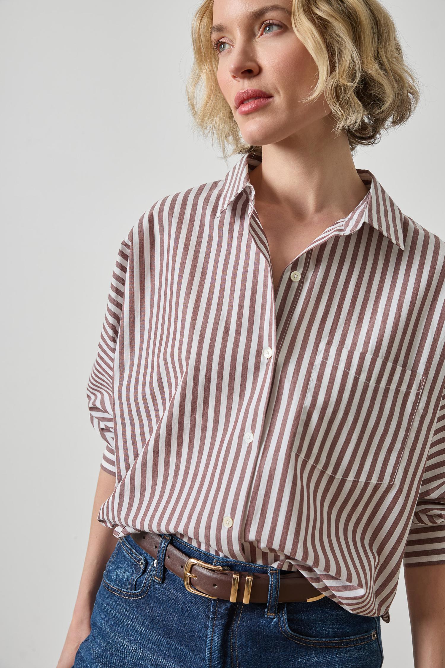 Dolman Sleeve Button Down Shirt Womens Top Chestnut Stripe A3
