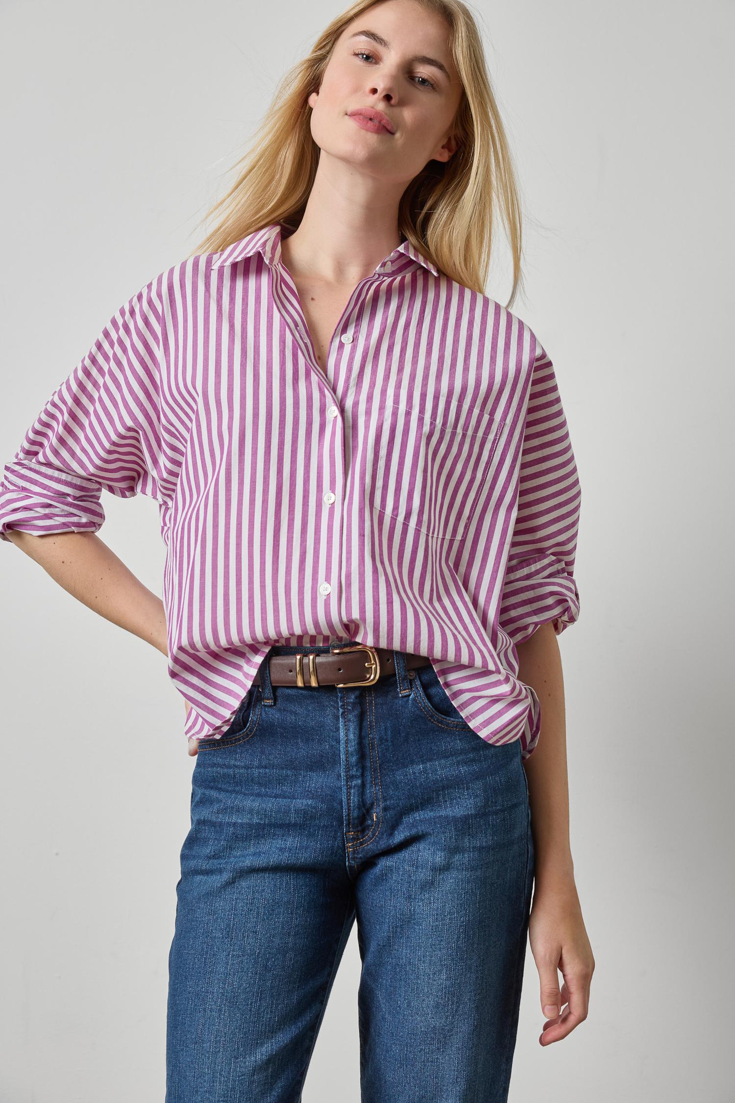 Dolman Sleeve Button Down Shirt Womens Top Snapdragon Stripe A1