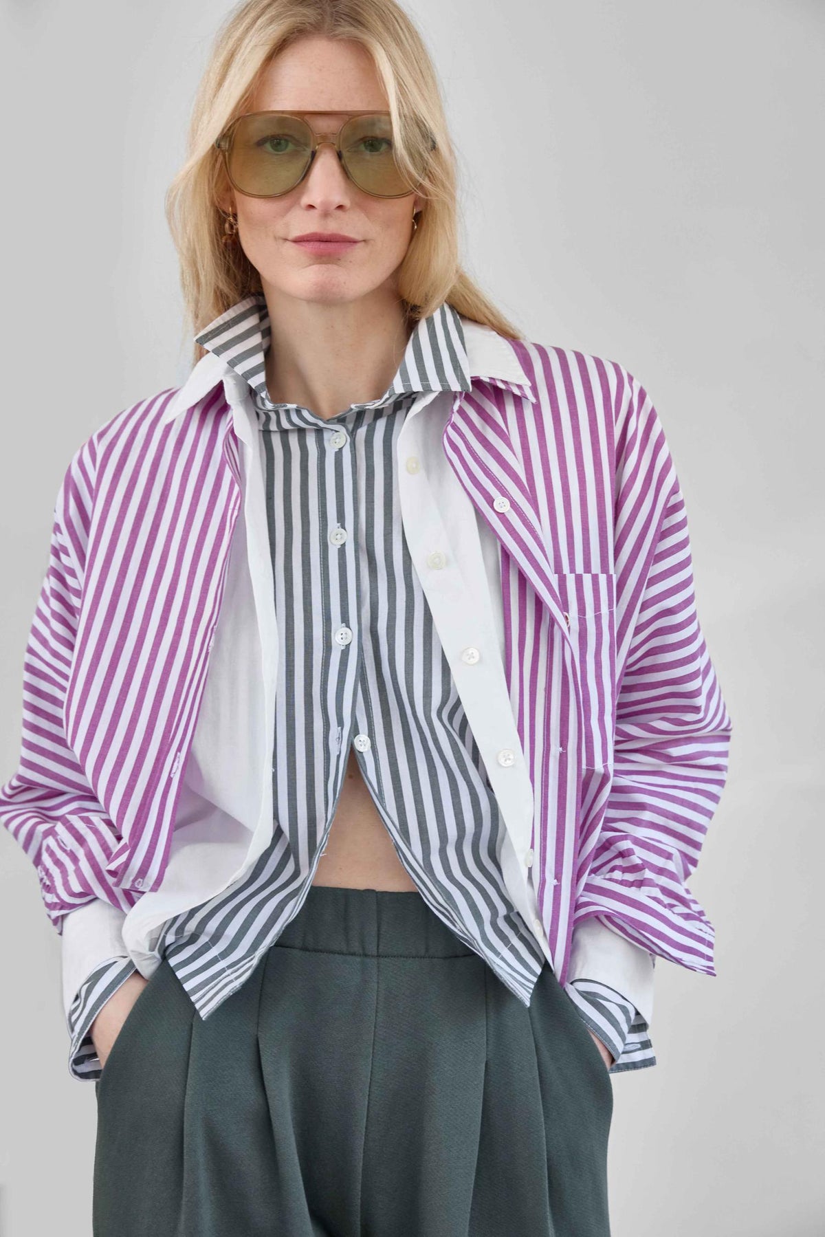 Dolman Sleeve Button Down Shirt Womens Top Snapdragon Stripe C1