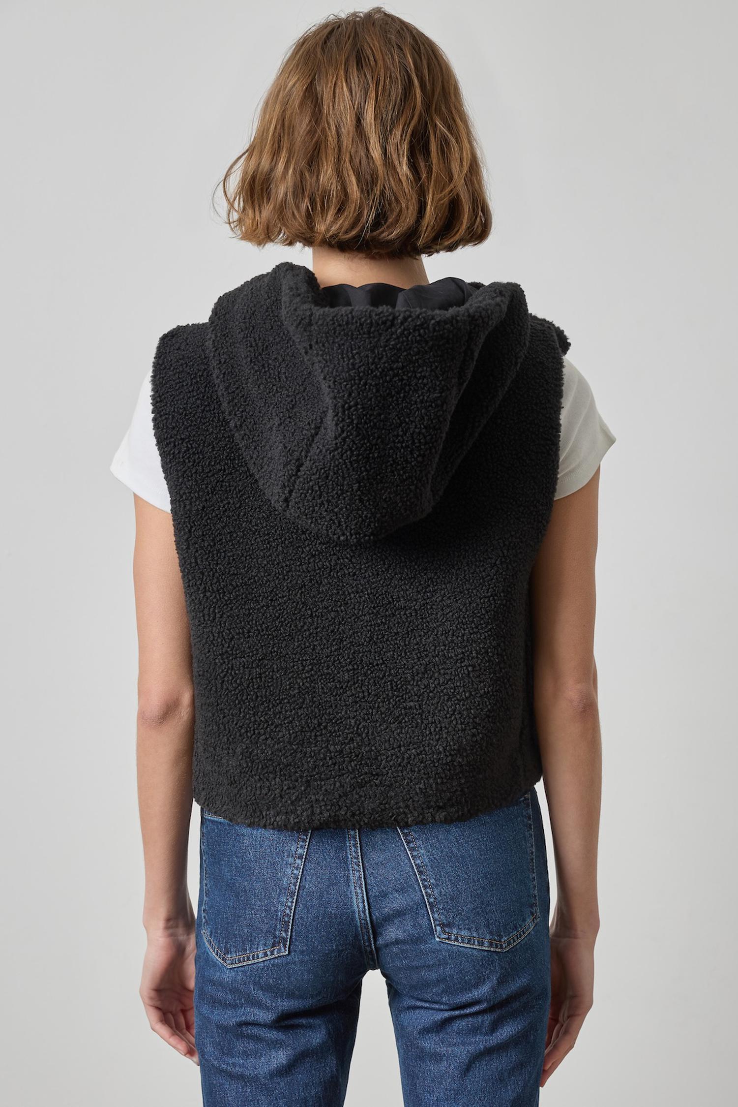 Hooded Sherpa Vest Womens Jacket Black A2