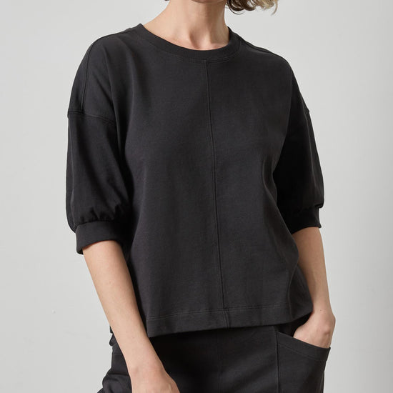 Half Sleeve Ribbed Trim Sweatshirt Womens Top Black A1
