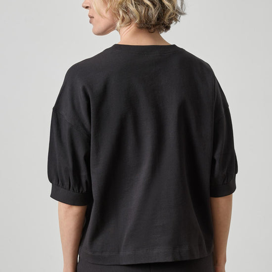 Half Sleeve Ribbed Trim Sweatshirt Womens Top Black A2