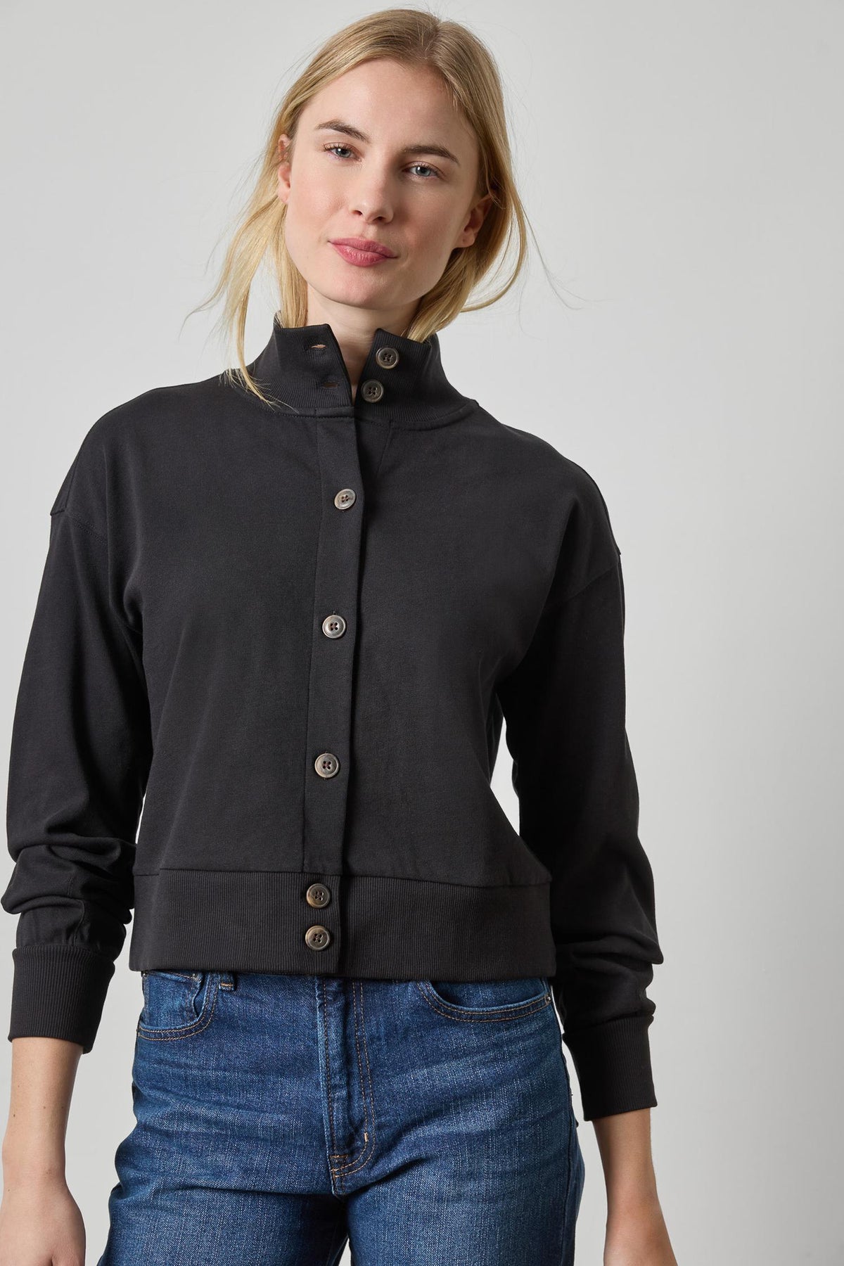 Mock Neck Cardigan Womens Top Black A1