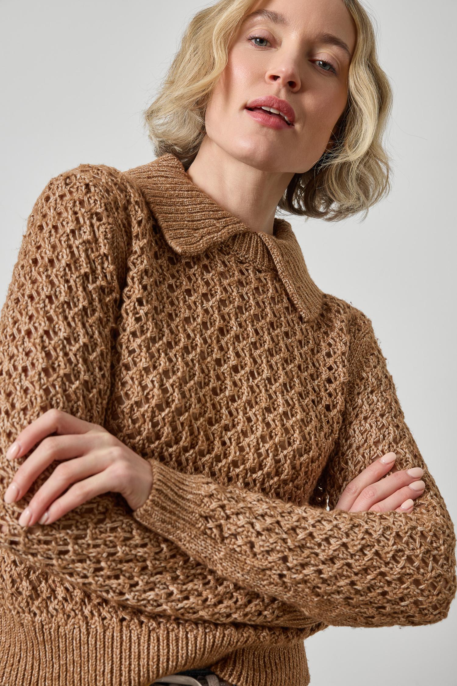 Textured Polo Sweater Womens Sweater Hazelnut A3
