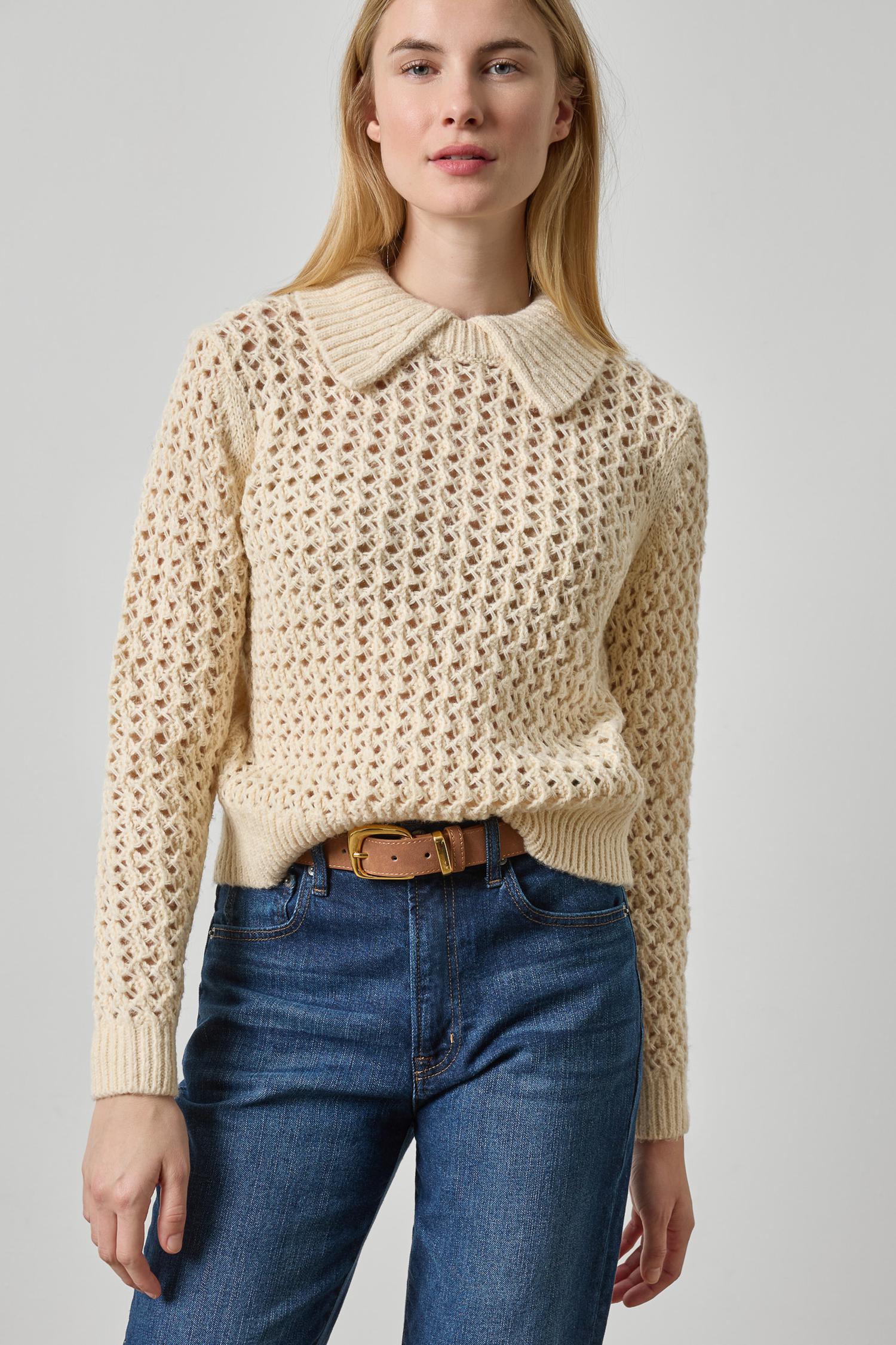 Textured Polo Sweater Womens Sweater Winter White A1