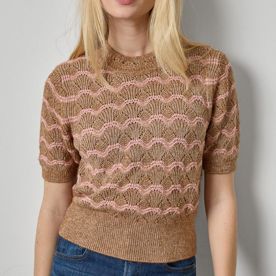 Short Sleeve Multistitch Pullover Sweater Womens Sweater Hazelnut Stripe A1