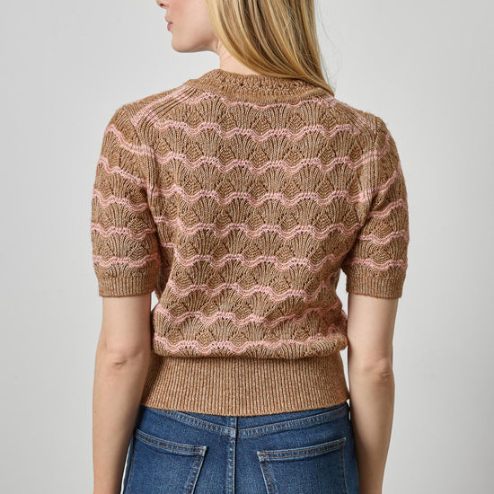 Short Sleeve Multistitch Pullover Sweater Womens Sweater Hazelnut Stripe A2