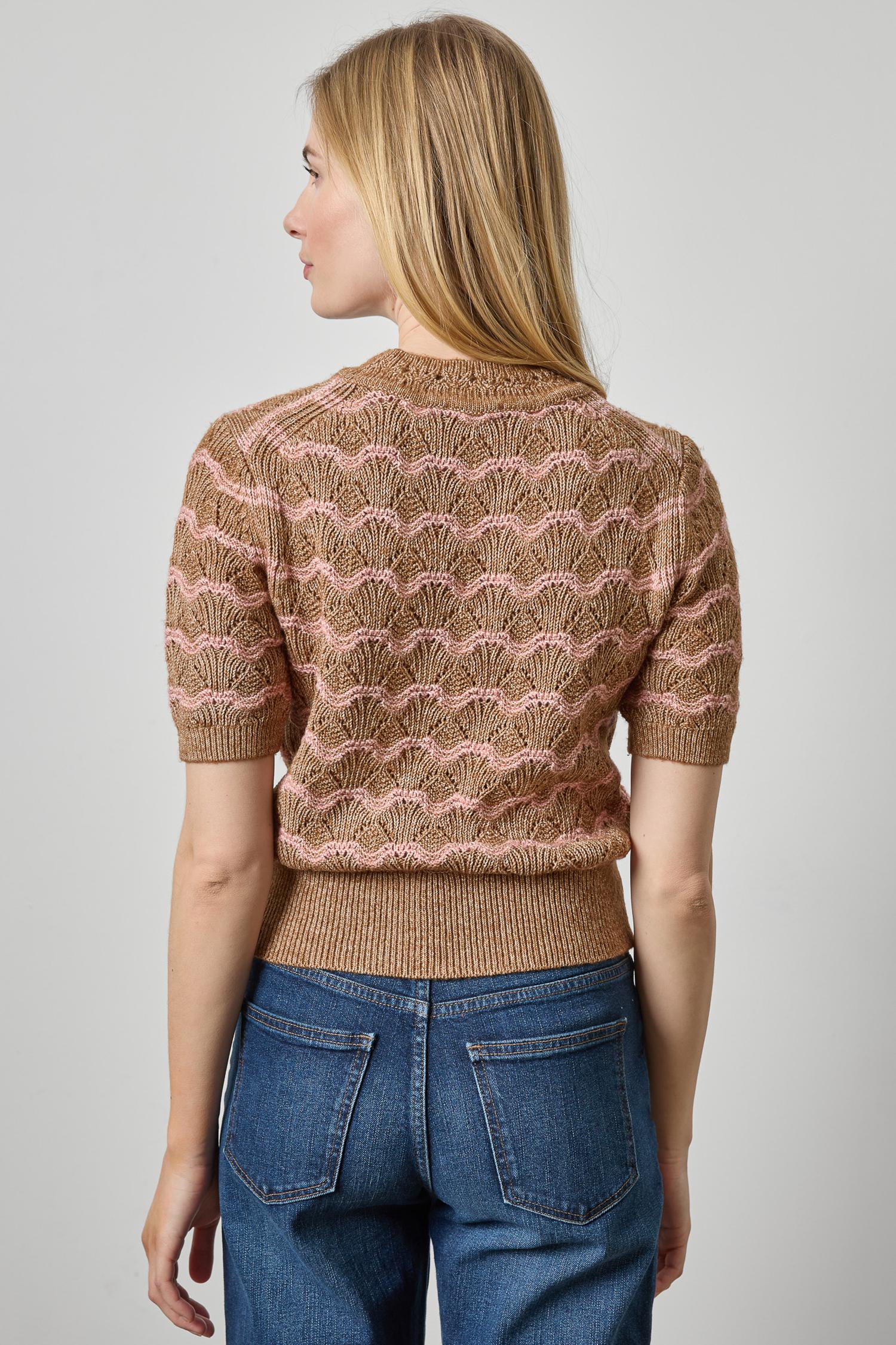 Short Sleeve Multistitch Pullover Sweater Womens Sweater Hazelnut Stripe A2