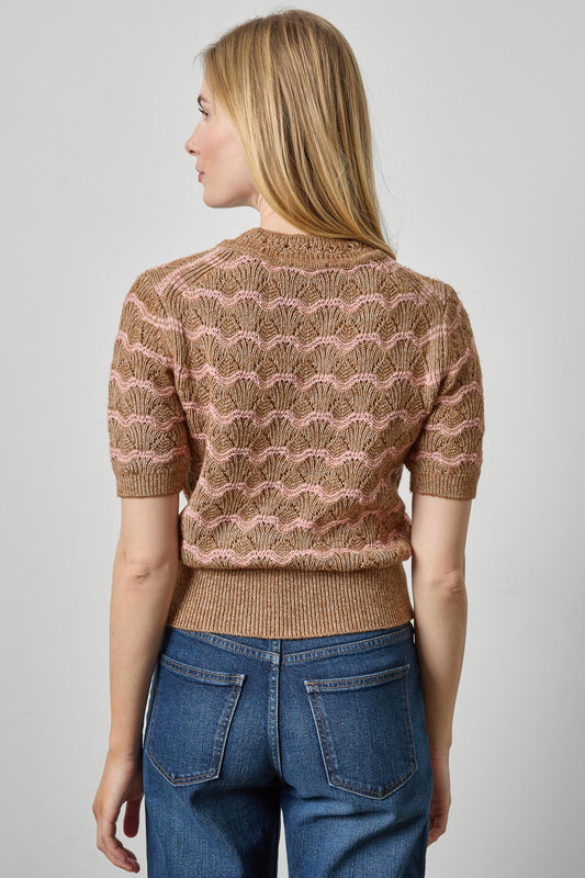 Short Sleeve Multistitch Pullover Sweater Womens Sweater Hazelnut Stripe A2