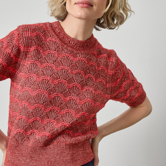 Short Sleeve Multistitch Pullover Sweater Womens Sweater Oxblood Stripe A1