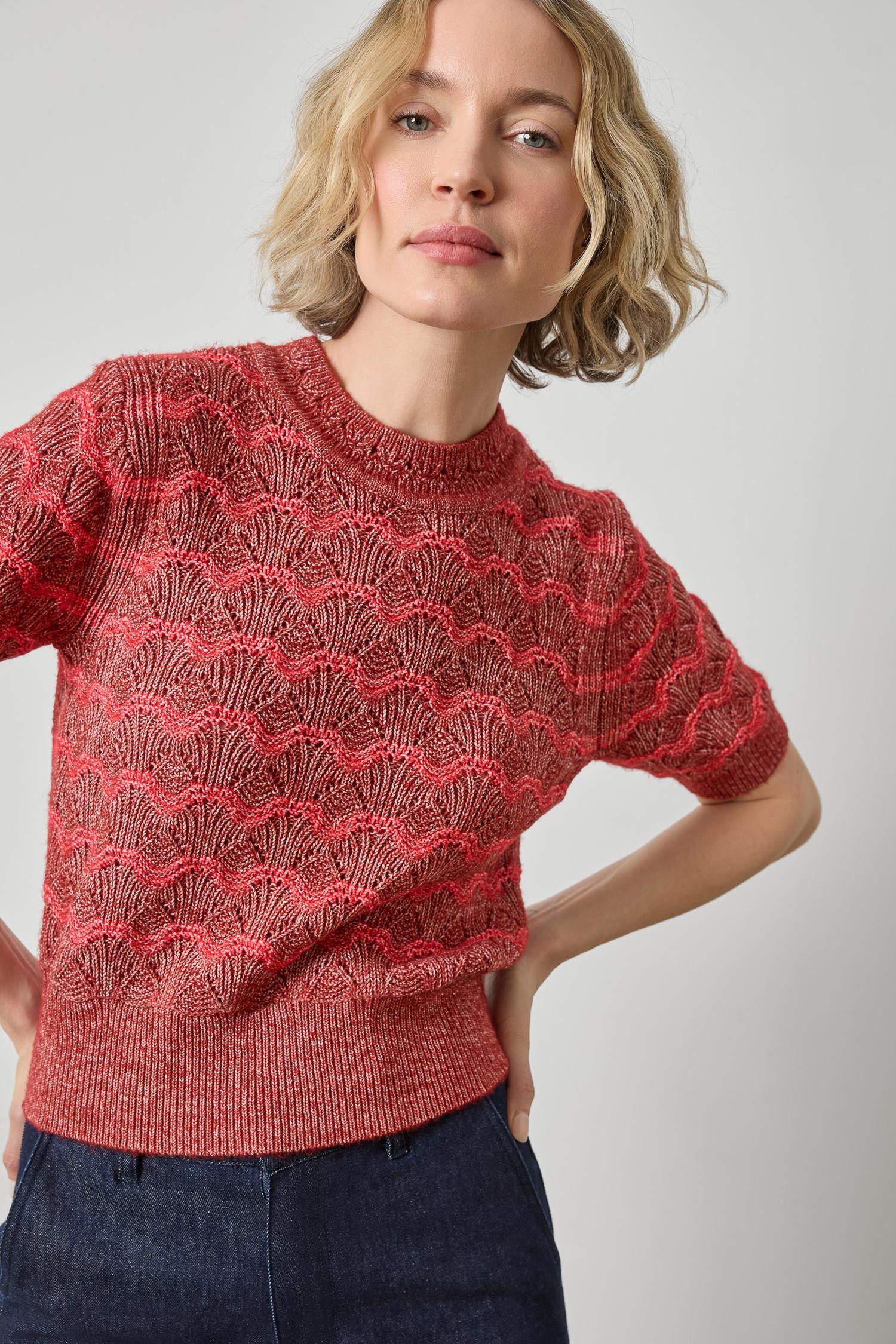 Short Sleeve Multistitch Pullover Sweater Womens Sweater Oxblood Stripe A1