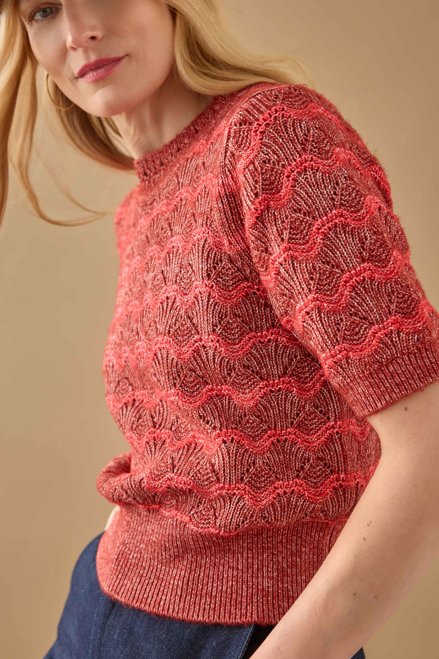 Short Sleeve Multistitch Pullover Sweater Womens Sweater Oxblood Stripe C1
