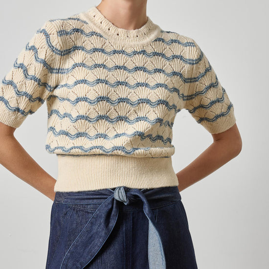 Short Sleeve Multistitch Pullover Sweater Womens Sweater Winter White Stripe A1