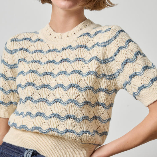 Short Sleeve Multistitch Pullover Sweater Womens Sweater Winter White Stripe A3