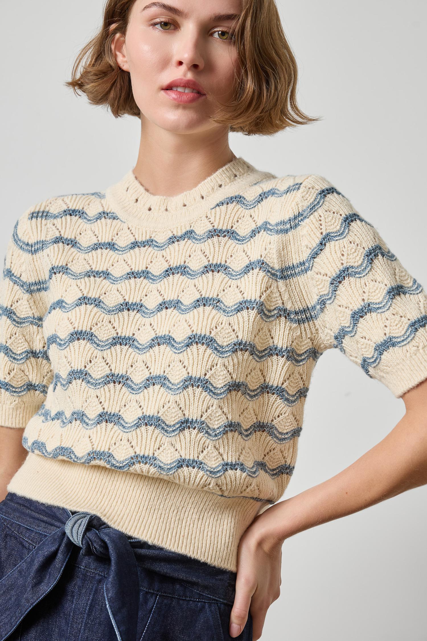 Short Sleeve Multistitch Pullover Sweater Womens Sweater Winter White Stripe A3