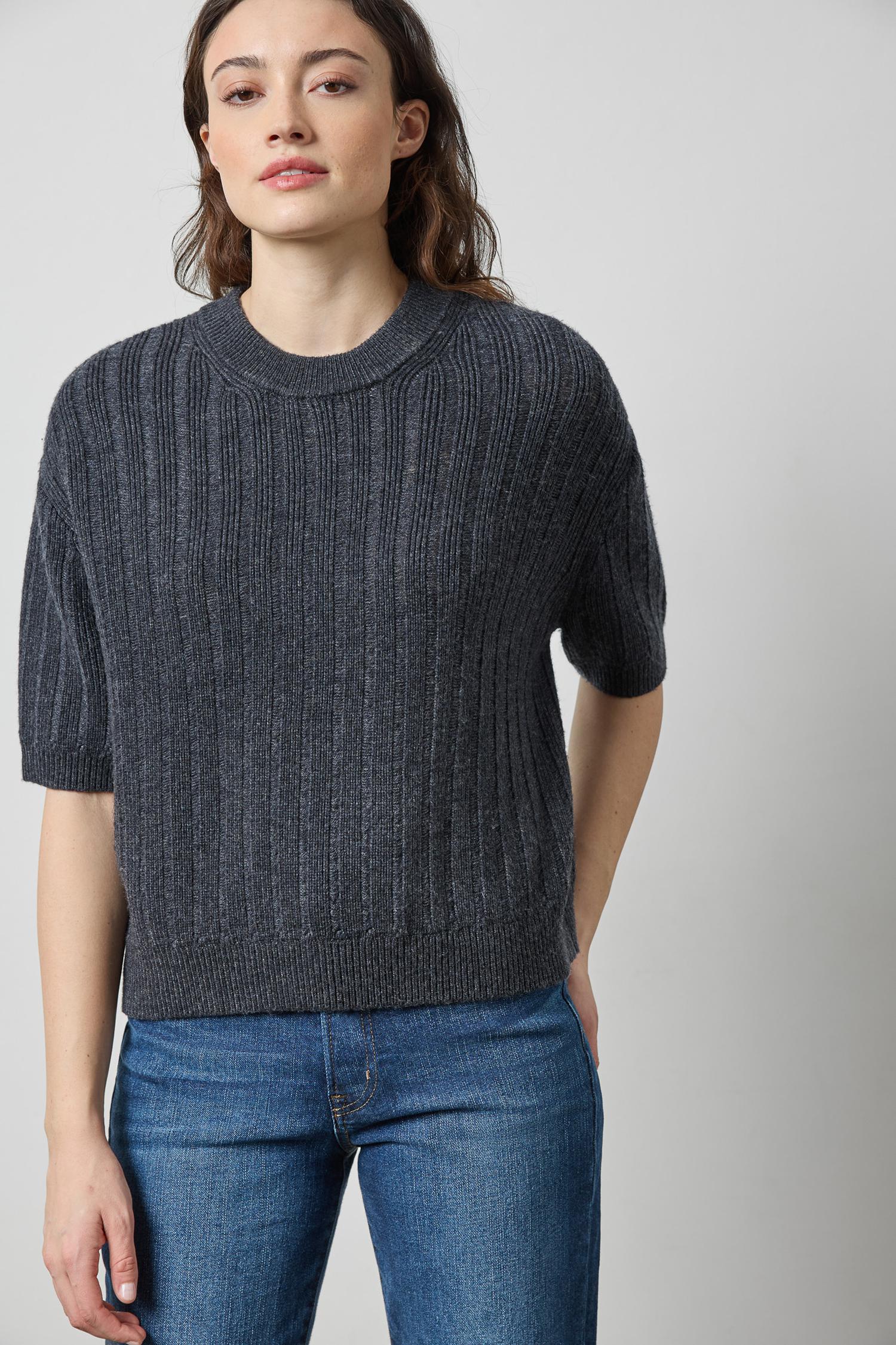 Textured Easy Crewneck Sweater Womens Sweater Charcoal A1