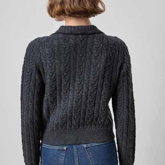 Long Sleeve Polo Cardigan Womens Sweater Charcoal A2