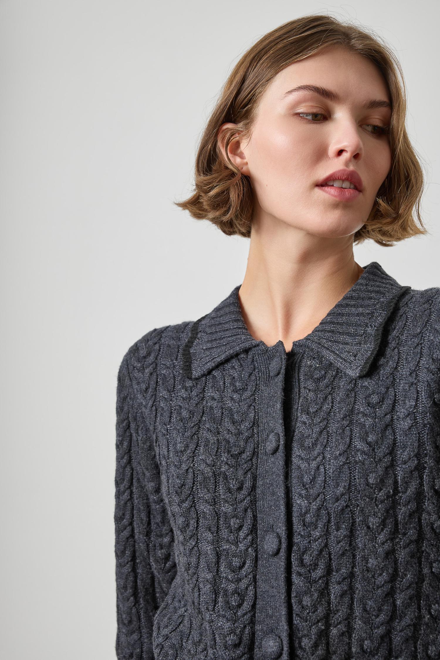 Long Sleeve Polo Cardigan Womens Sweater Charcoal A3