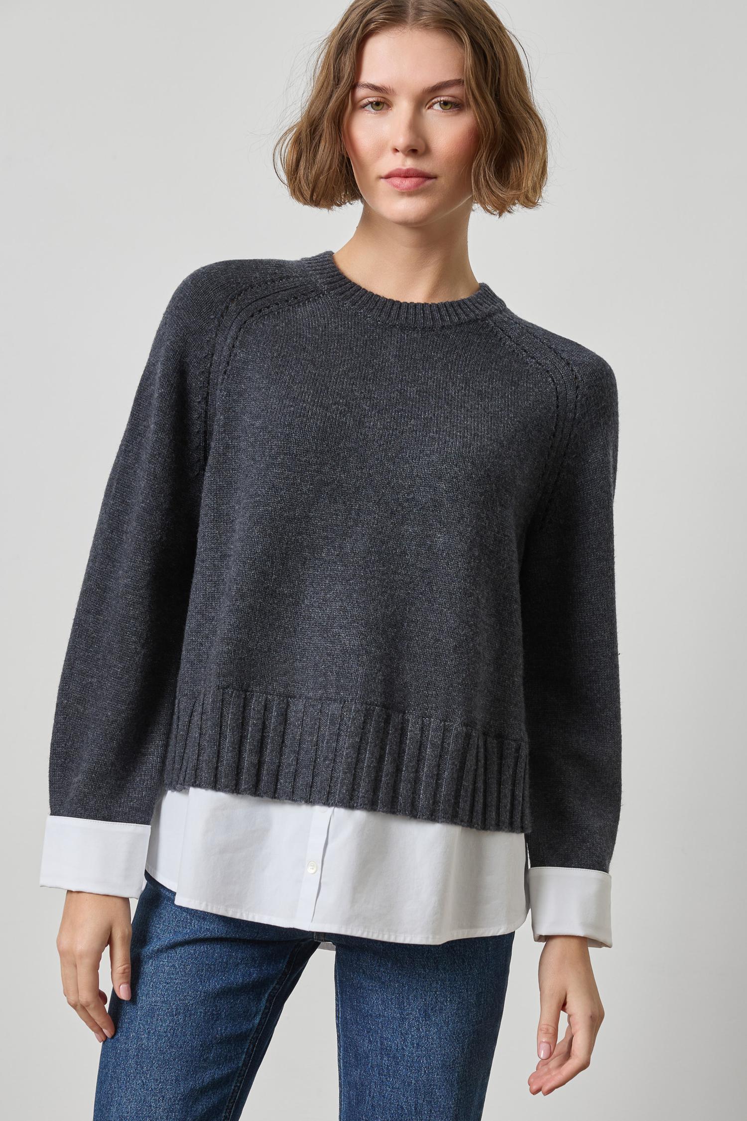 Mixed Media Crewneck Sweater Womens Sweater Charcoal A1