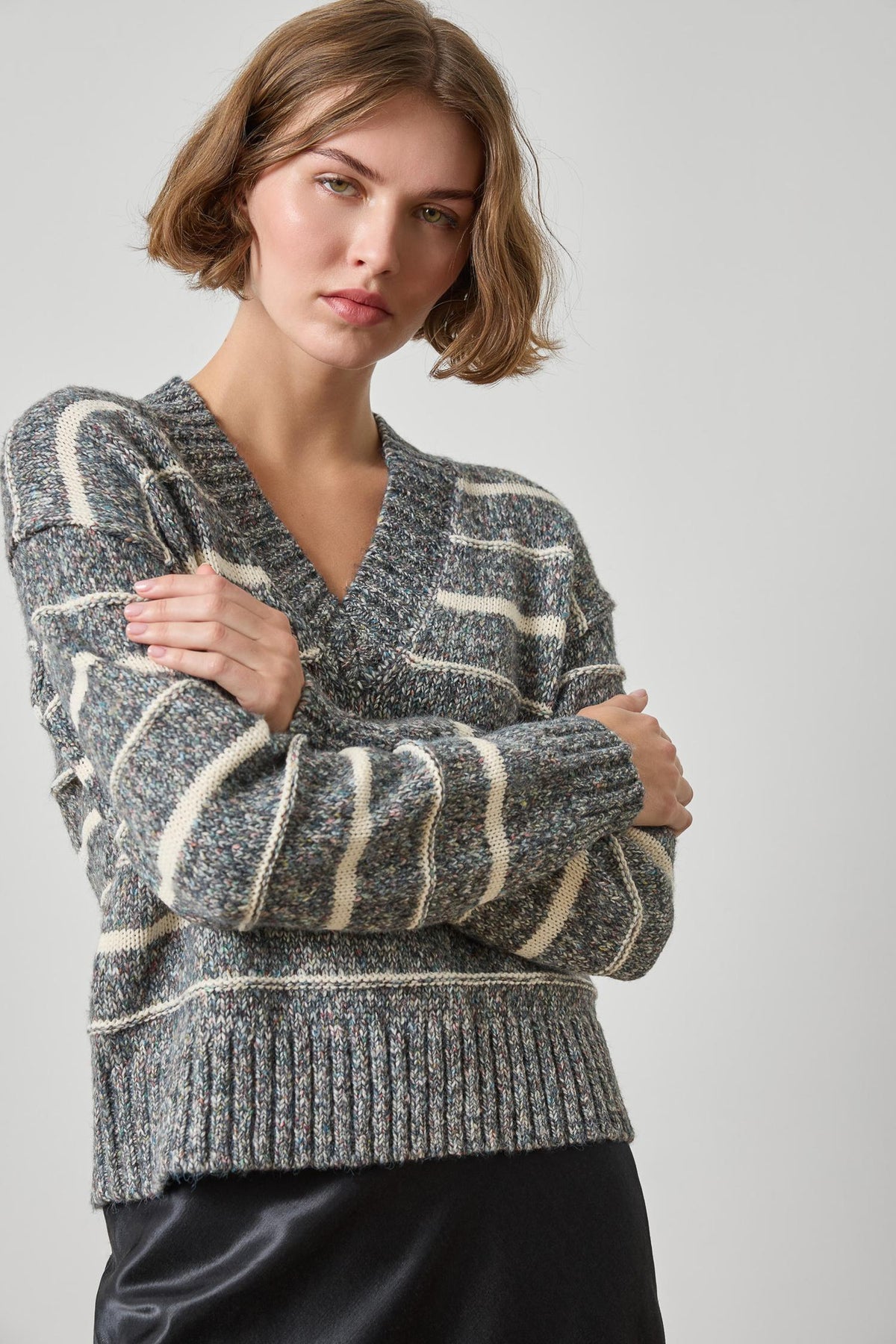 Multi Stripe V-Neck Sweater Womens Sweater Shadow Stripe A1