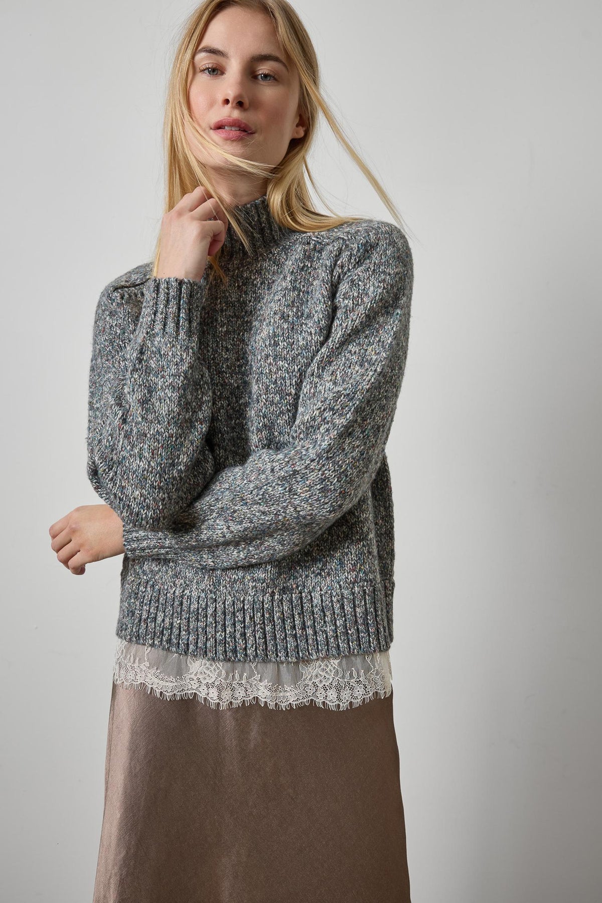 Lace Trim Pullover Sweater Womens Sweater Shadow A1