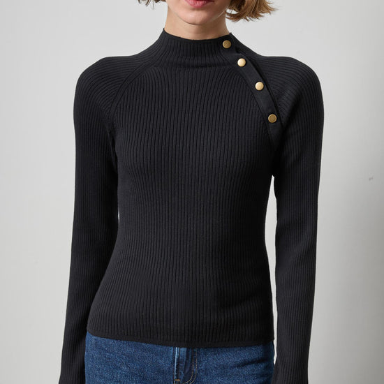 Button Neck Sweater Womens Sweater Black A1