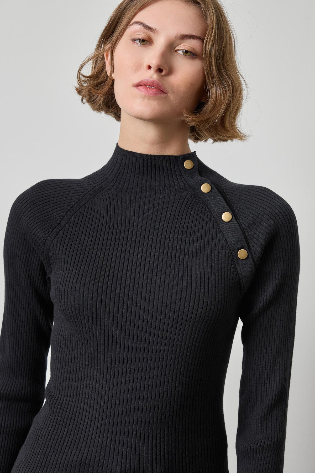 Button Neck Sweater Womens Sweater Black A3